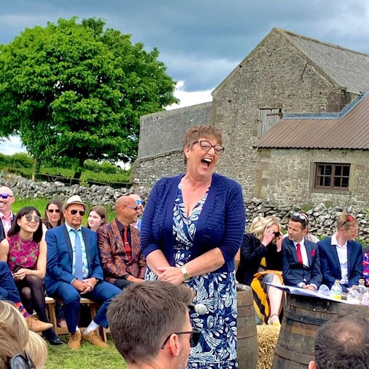 Woman Independent Celebrant in blue dress in Derbyshire